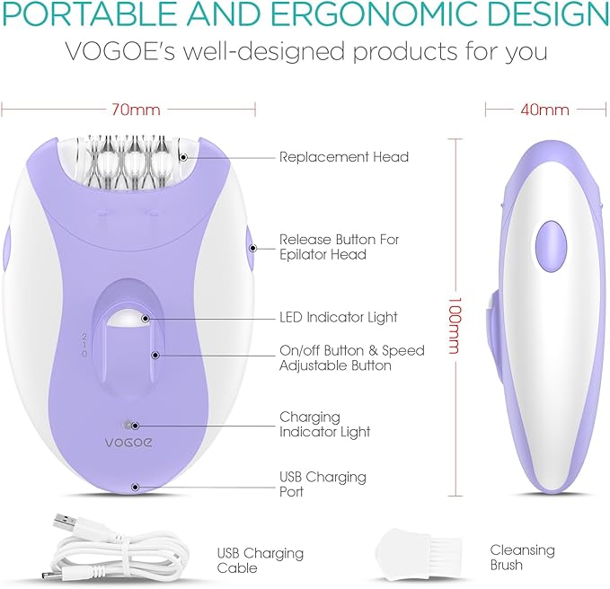 Epilator for Women-Cordless Epilators Hair Removal for Women, 4-in-1 Electric Razor Hair Remover, 2 Speeds & 21 Tweezers for Face Legs Arms Armpit Bikini, Purple HR310