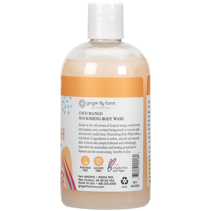 Ginger Lily Farms Botanicals Nourishing Body Wash, Coco Mango, 100% Vegan & Cruelty-Free, Coconut Mango Scent, 12 Fl Oz