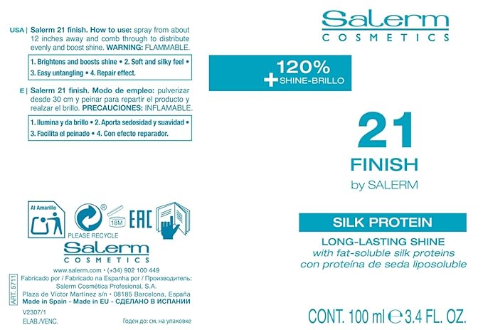 SALERM - Illuminating Hair Spray - Salerm 21 Finish - 100 ml - with Silk Proteins - Final Illuminating Touch - Hydrates and Adds Shine to Hair - Immediate Result - Heat Protector
