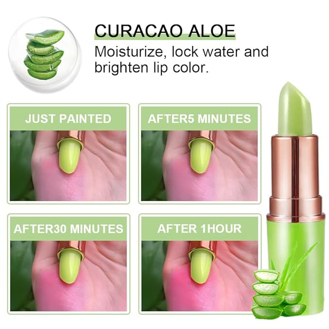 evpct 2Pcs Aloe Vera Lip Color Changing Lipstick Tinted Lip Balm Set Green Magic PH Lipstick Color Change Changing Crystal Flower Jelly Lipstick Gloss Stain Makeup Set for Women Girls Waterproof