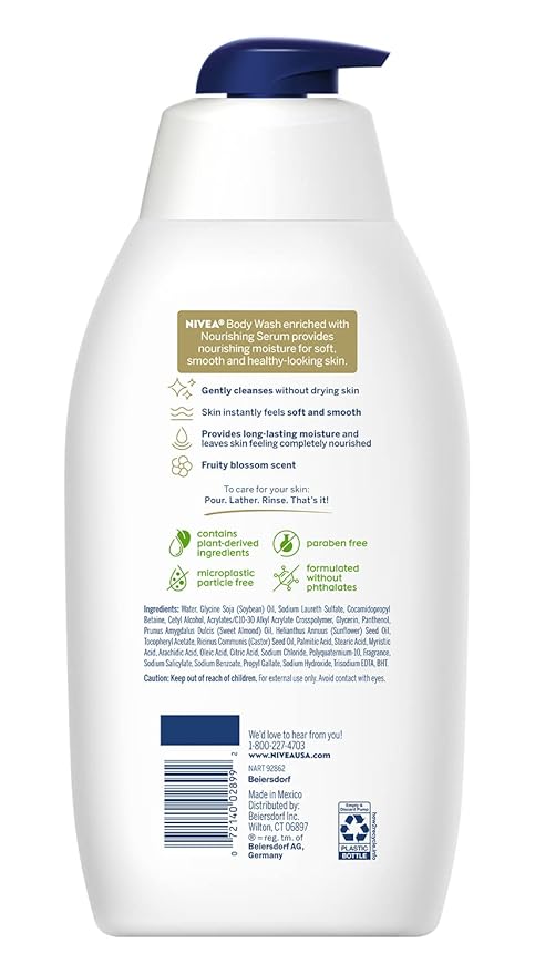 Nivea Nourishing Botanical Blossom Moisturizing Body Wash for Dry Skin, 30 Fl Oz Pump Bottle (Pack of 2)