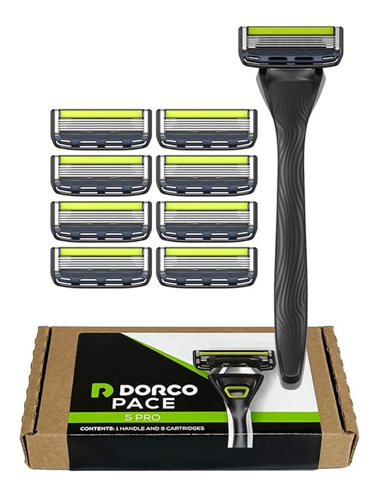 Dorco Pace 5 Pro Razors- Shaving System For Men with Trimmer - 1 Handle + 9 Cartridge Set