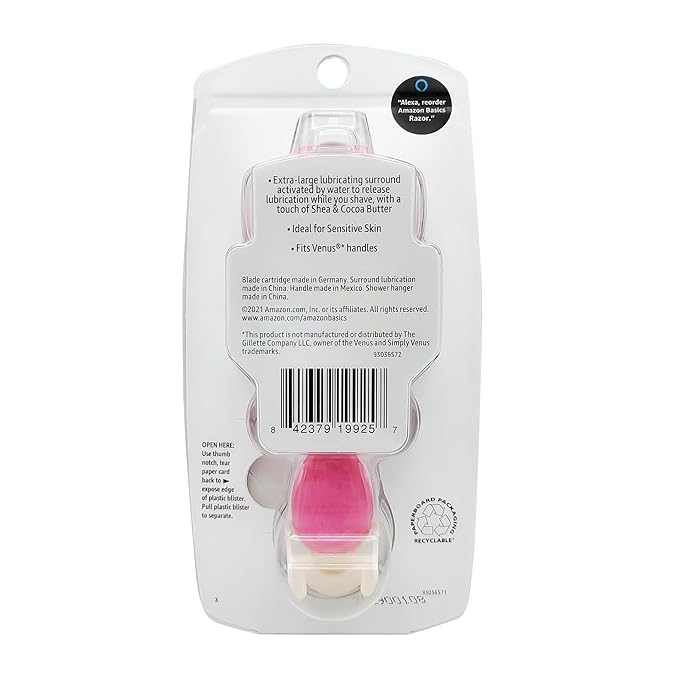Amazon Basics Women's 4 Blade Razor for Women, Fits AmazonBasics & Venus Handles, Moisturizing Surround, 4 Count, Includes 1 Handle, 2 Cartridges & 1 Shower Hanger, Pink (Pack of 2)