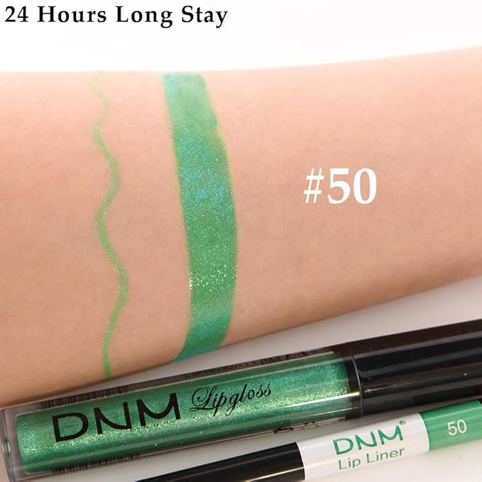 evpct 2Pcs Green Shimmer Glitter Shiny Liquid Lipstick Lip Gloss Stain and Retractable Lip Liner Makeup Set for Women Long Lasting Waterproof 24 Hours Lipstick labial mate larga duracion 24 50#