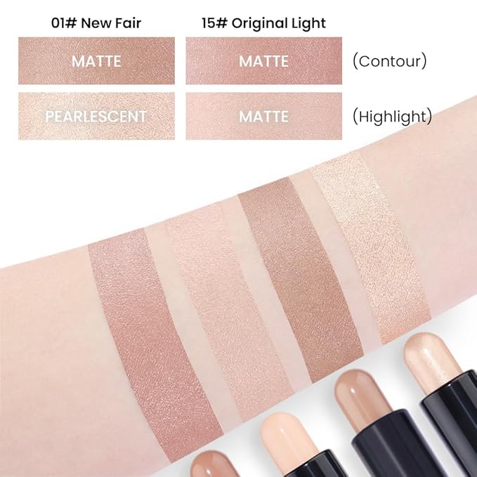 Kaely 2Pcs Cream Bronzer Highlighter Stick,Face Shaping Contouring Shades Makeup,01+15