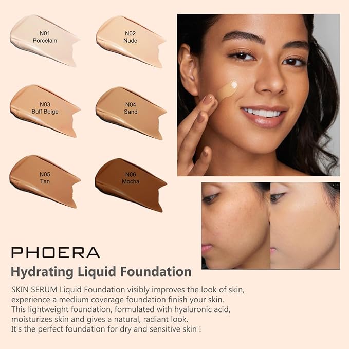 PHOERA Hydrating Serum Foundation,Flawless Full Coverage and Hypoallergenic Sand, norm)