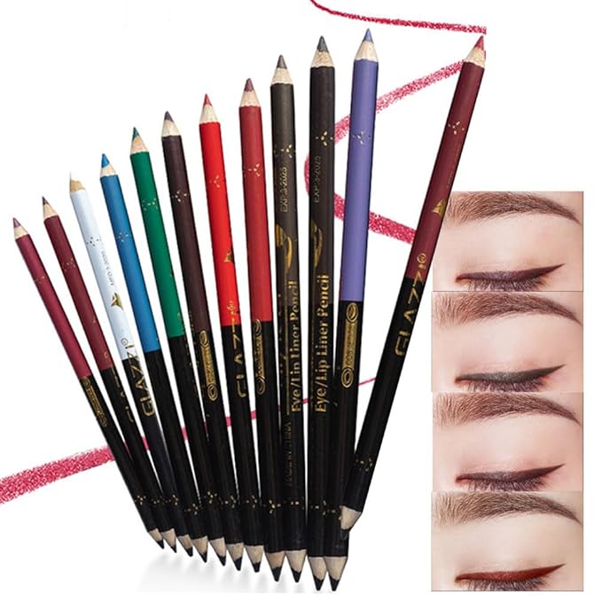 12 Pcs Double Head Rich Vibrant Colors Lip Liner Pencils Eye Liner Sticks Set with Sharpener for Daily Makeup,Easy to Apply & Remove,Waterproof (A)