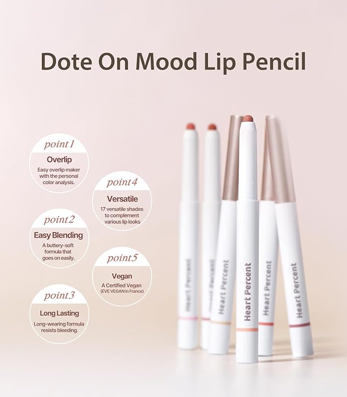 Heart Percent Dote On Mood Lip Pencil, Long-Lasting Creamy Lip Crayon Smooth Color Liner Retractable Lipstick Pencil 0.8g, #11. Soft Glow
