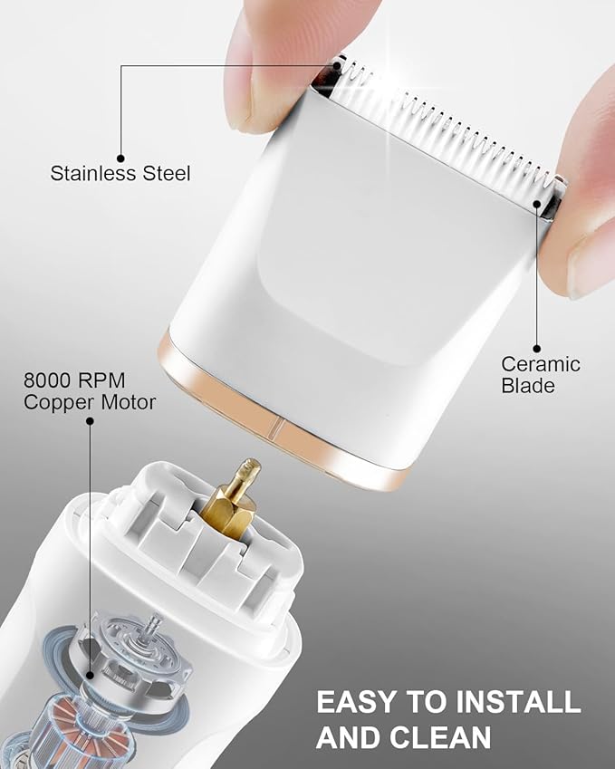 AREYZIN Bikini Trimmer for Women Painless Electric Razor for Women,3 in 1 Pubic Hair Trimmer,USB Recharge Dock,Replaceable Ceramic Blade Heads,IPX7,White