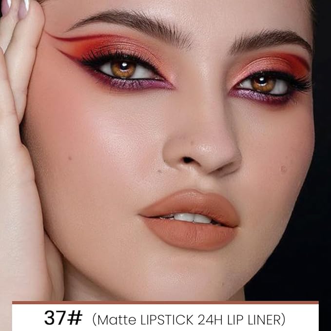 2-in-1Nude Brown Lip Liner & Lipstick Set Kit for Women, Matte Lips Kit with Lip Liner Lip Stains Long Lasting Waterproof 24 Hour Lipstick and Lip Liners Combo Lipliners Pencil Set 37