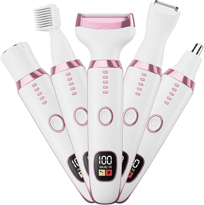 Bikini Trimmer for Women, 5 in 1 Electric Razors for Shaving, Waterproof Rechargeable Pubic Hair Trimmer with LED Display, Pink