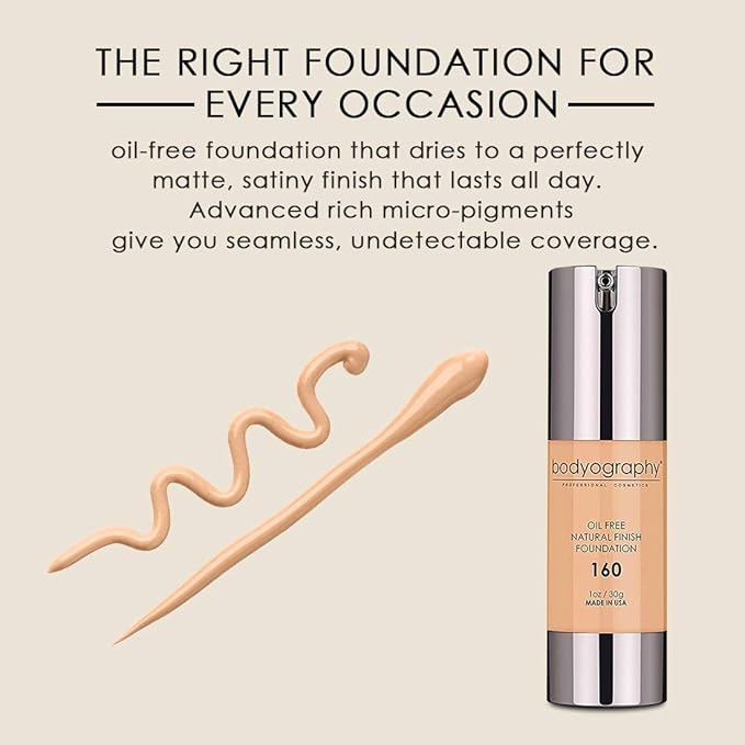Bodyography Natural Finish Foundation Makeup (Medium #160) Oil-Free Gluten-Free, Paraben-Free, 1 oz