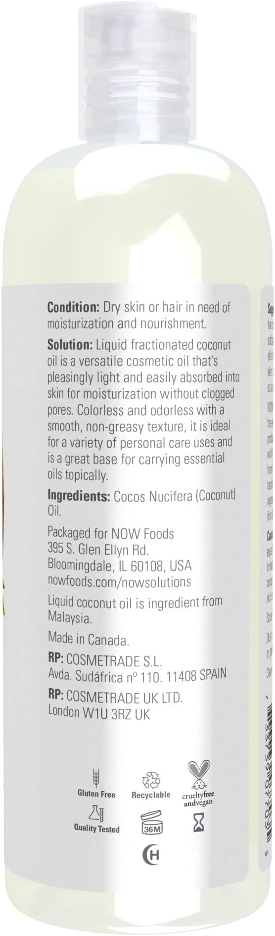 NOW Solutions, Liquid Coconut Oil, Light and Nourishing, Promotes Healthy-Looking Skin and Hair, 16-Ounce (Pack of 2)