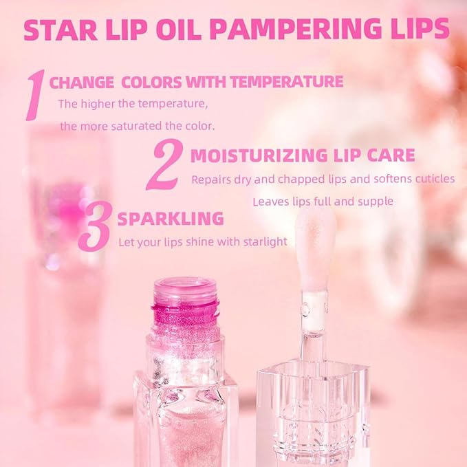 Magic Color Changing Lip Oil Ph, Glitter Lip Gloss, Upgraded Big Brush Head Moisturizing Lip Oil Long Lasting Nourishing Lip Glow Oil Non-Sticky Primer Lip Tint (Pink)
