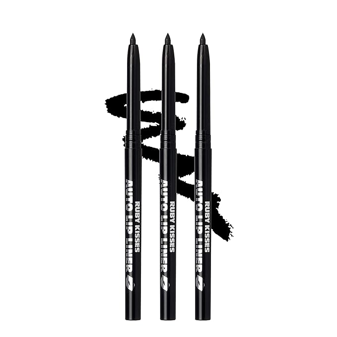 Ruby Kisses Auto Lip Liner Pencil (Black 3 Pack), Long Lasting & Non-Fading, Smooth Application, Non-Feathering with Rich Pigmented Color, No Sharpener Needed, Ideal for Full Lips Look