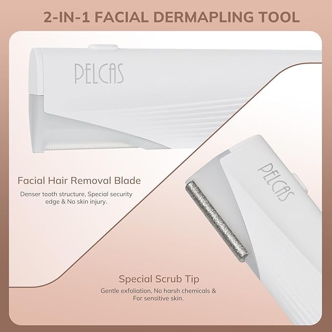 PELCAS Electric Dermaplaning Tool for Face with LED Light, Mini Facial Dermaplaning Razor Kit, Painless 3 Speeds Facial Peach Fuzz & Hair Removal At Home for Women with 6 Blades Off White
