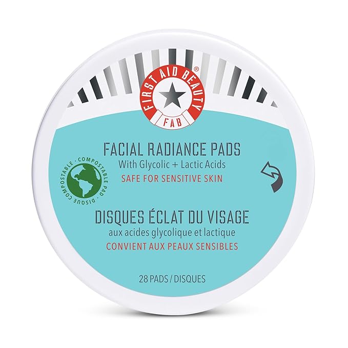 First Aid Beauty - Facial Radiance Pads with Glycolic & Lactic Acids – Daily Exfoliating Pads with AHA that Help Tone & Brighten Skin – Makeup Prep Pads - Compostable for Daily Use – 28 Pads