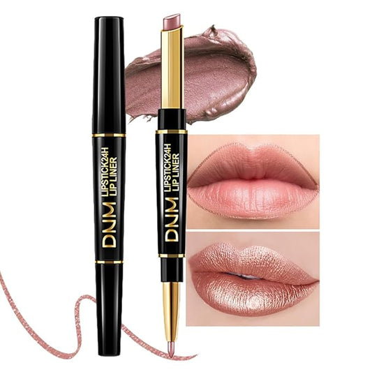 2-in-1 Brown Lip Liner & Lipstick Set Kit for Women, Metallic Lips Kit with Lip Liner Lip Stains Long Lasting Waterproof 24 Hour Lipstick and Lip Liners Combo Lipliners Pencil Set 18