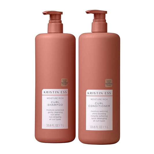 Kristin Ess Hair Curl Shampoo and Conditioner Set for Curly Hair - Moisturizing, Anti Frizz, Silicone Free Shampoo and Conditioner - 1 Liter - 2A-4C Hair