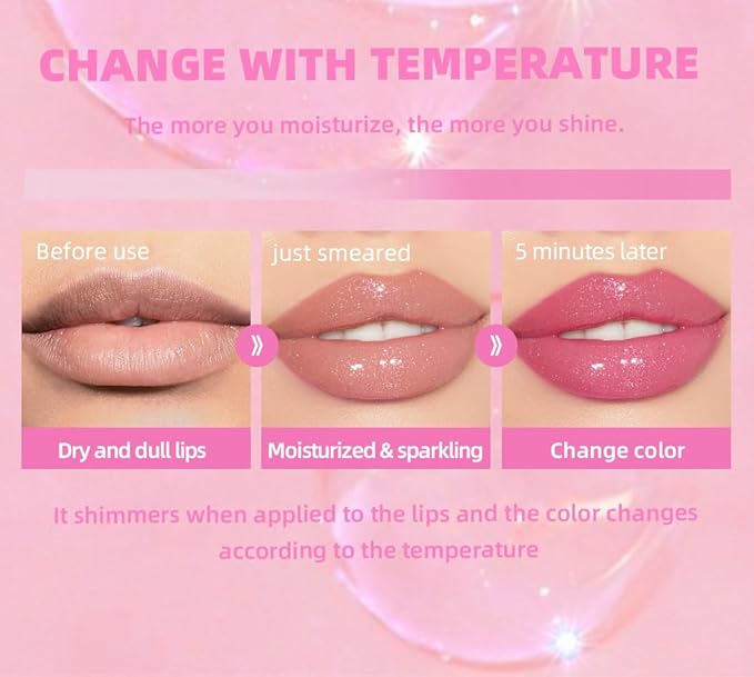 2PCS Cosmetics Color Changing Lip Oil V2, Magic Color Changing Lip Oil Cosmetics, Plumping Lip Oil Moisturizing Lip Gloss, Long Lasting Lip Glow Oil Non-sticky Warm Change Glitter Lip Tint (Pack of 2)