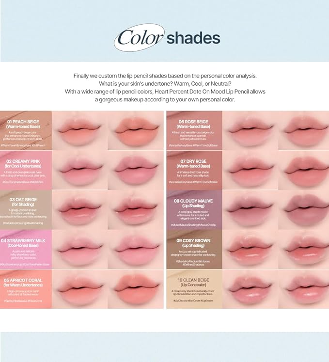 Heart Percent Dote On Mood Lip Pencil, Long-Lasting Creamy Lip Crayon Smooth Color Liner Retractable Lipstick Pencil 0.8g, #07. Dry Rose