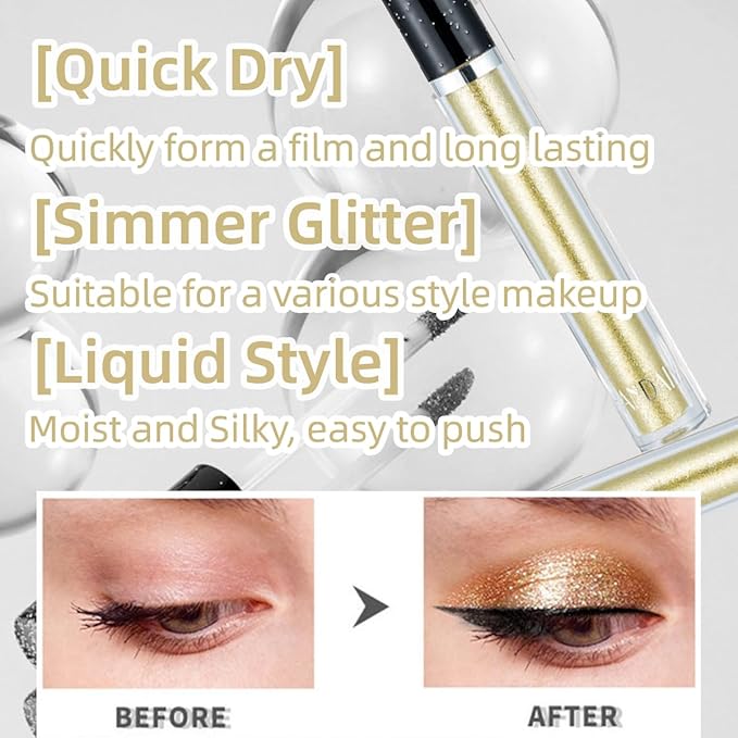 Liquid Glitter Eyeshadow Shining Eye Shadow Makeup Shimmer Long Lasting Quick-Drying (Gold)