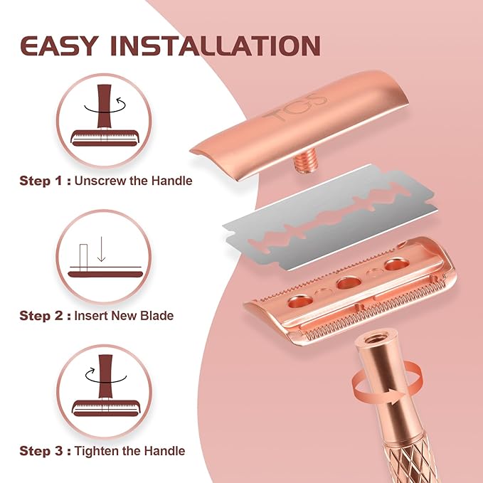 Double Edge Safety Razor for Women Rose Gold with Stand and Silicone Cover - Durable Metal Eco-Friendly Single Blade Safety Razor with 10 Blades- Closed Smooth Shave