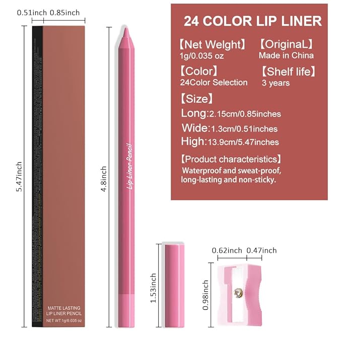 evpct 1Pcs Deep Pink Matte Long Lasting Lip Liner Pencils Makeup for Shaping & Sculpting Lips, No Transfer Long Wear Waterproof Pigmented Lip Liner lipliners Crayon Lipstick Pencil Sharpener 15
