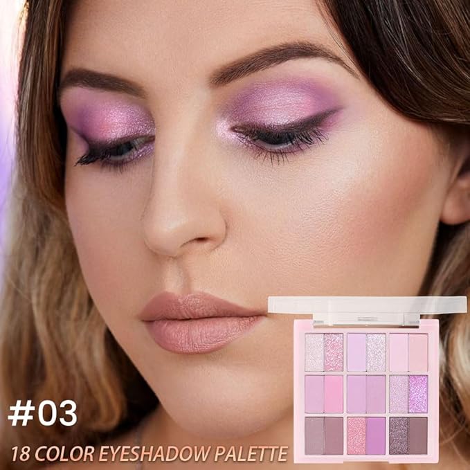 18Colors Purple Pink Nude Shimmery Eyeshadow Palette Makeup,Light Purple Mauve Glitter Sparkly Highly Pigmented Eye Shadow Long Lasting Waterproof Naturing-Looking Blendable for Beginners