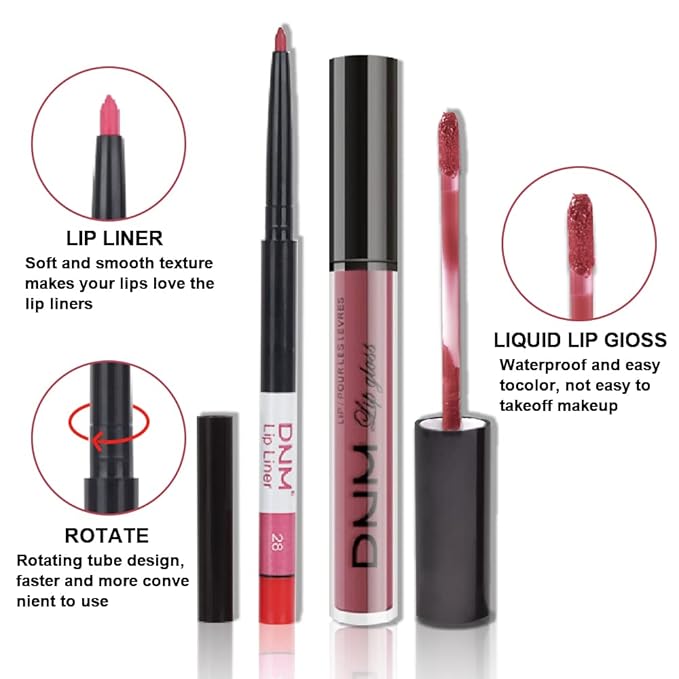 evpct 2Pcs Chestnut Mauve Rose Red Matte Lip Liner and Pencil Colorstay Lipstick Set Long Lasting Lipstick Set 24H and with Lip Liner labiales mate 24 horas originales matte larga duracion 24 28#