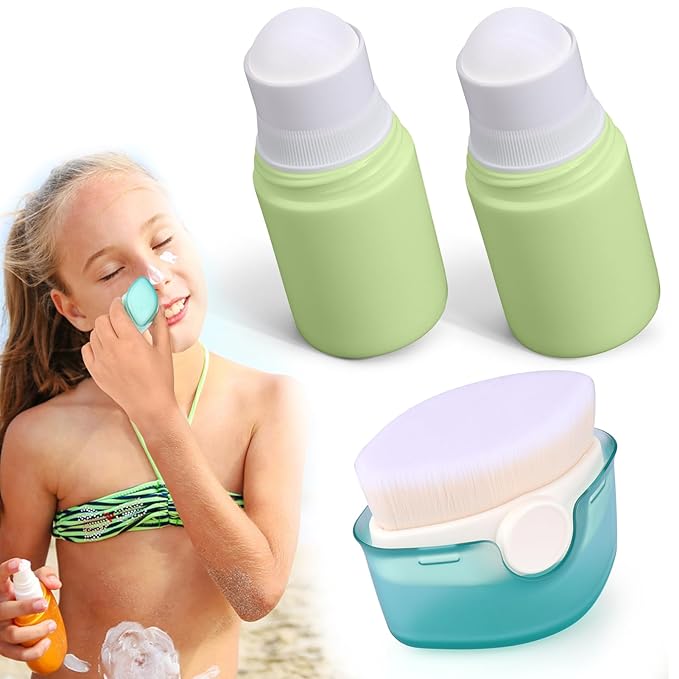 3 PCS Sunscreen Applicator for Kids, Soft Sunblock Brush + 2 PCS Empty Roller Ball Container for Sunscreen Lotion, Sunscreen Applicators for Family Travel