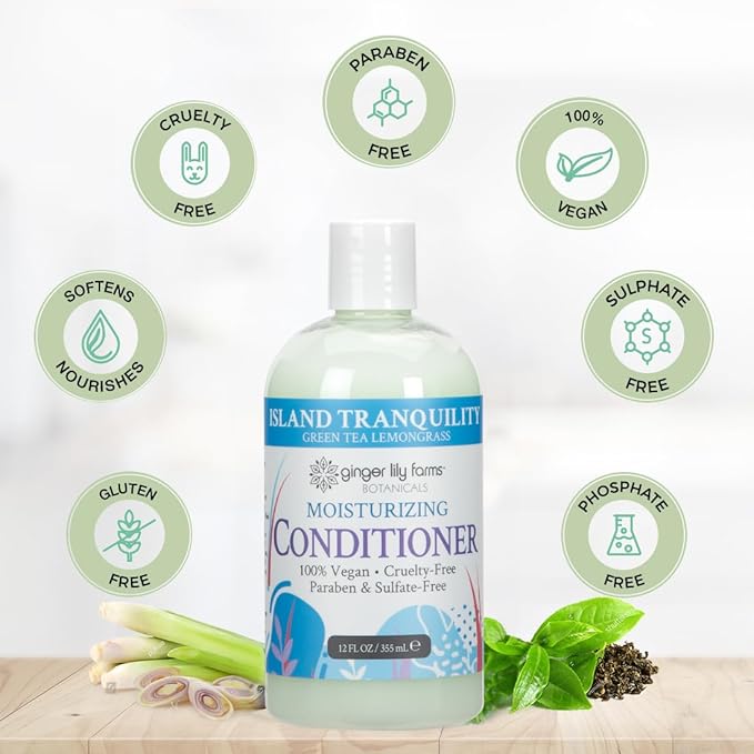 Ginger Lily Farms Botanicals Moisturizing Conditioner for Dry Hair, Island Tranquility, 100% Vegan & Cruelty-Free, Green Tea Lemongrass Scent, 12 Fl Oz (Pack of 6)