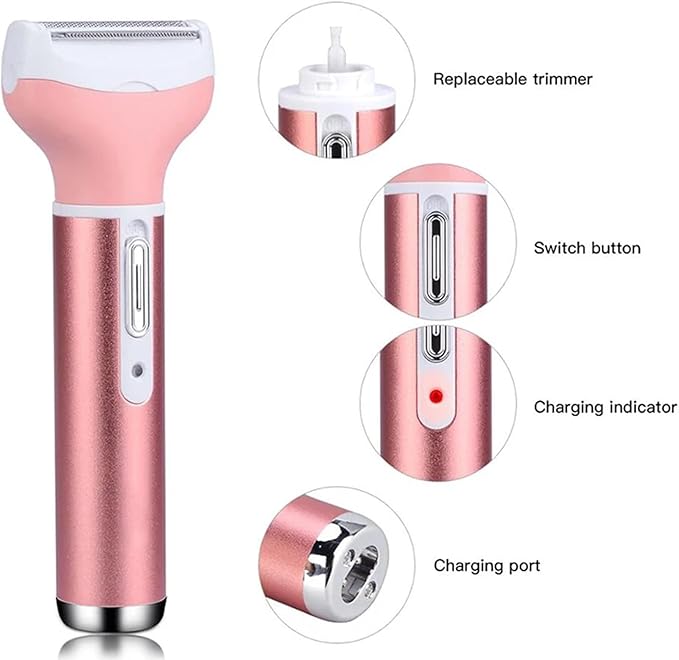 Electric Razor for Women Facial Hair Removal and 4 in 1, Bikini Trimmer Pubic Underarms Painless Nose Eyebrow Body Leg Hair Removal Rechargeable Hair Clippers Grooming Set