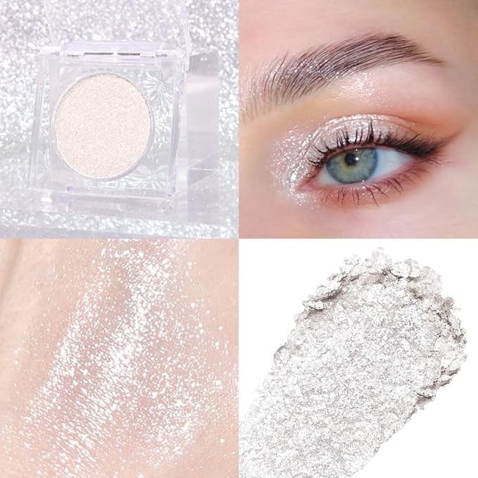 Monochrome Pressed Eyeshadow, Waterproof Neutral Powde Mini Shimmer Silver White Eyeshadow, sombras para ojos, Talc, Paraben & Cruelty Free (H02#Shimmer Silver White)