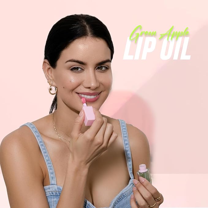 Hydrating Lip Glow Oil - Plumping Lip Oil Gloss Tinted for Lip Care and Dry Lips, Non Sticky & Fresh Texture, Shiny and Moisturizing (Green Apple)