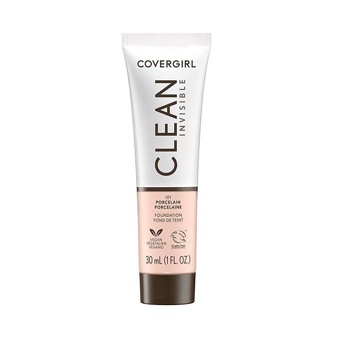 COVERGIRL Clean Invisible Foundation Makeup, Dewy & Glowy Natural Finish, Buildable Coverage, Skin-Like Smooth Look, Vegan, Porcelain, 1oz