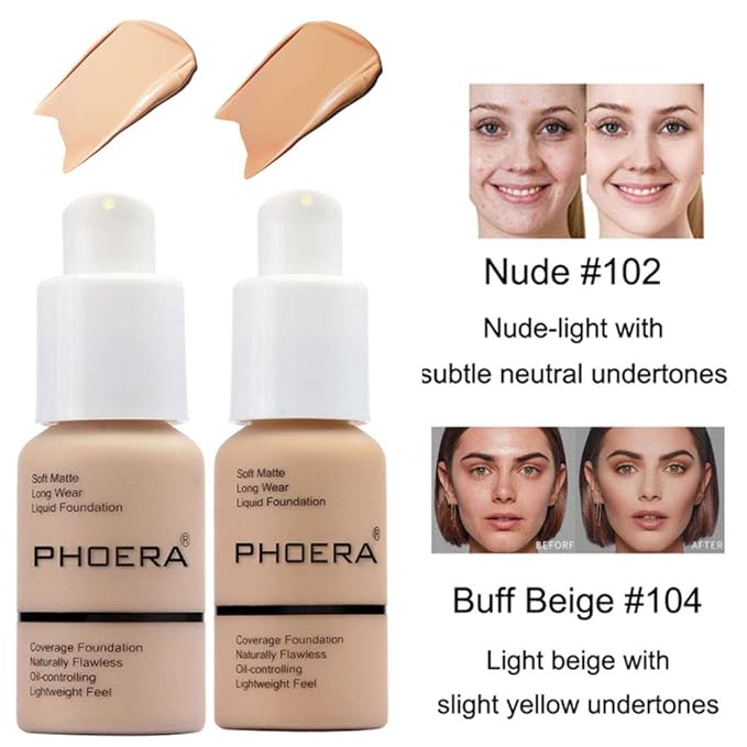 2 Pcs Phoera Foundation Makeup 102 and iquid Flat Top 104 L