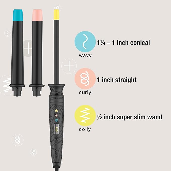 Conair The Curl Collective 3-in-1 Ceramic Curling Wand, 3 Interchangeable Barrels Designed to Create a Specific Curl Pattern - 1/2" Super Slim, 1", and 1 1/4" to 1" Tapered