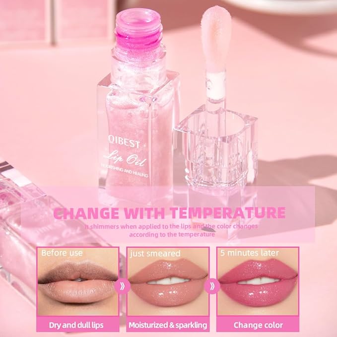 Magic Color Changing Lip Oil, PH Temperature Color Change Lip Glow Oil Plumping Lip Gloss with Big Brush, Non-sticky Moisturizing Lip Primer (2 packs)