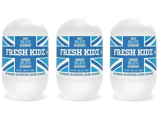 Fresh Kidz Roll On Deodorant for Kids and Teens - Baking Soda and Aluminum-free 24 Hour Protection for Sensitive Skin - Boys "Blue" 1.86 fl.oz. (3 Pack)