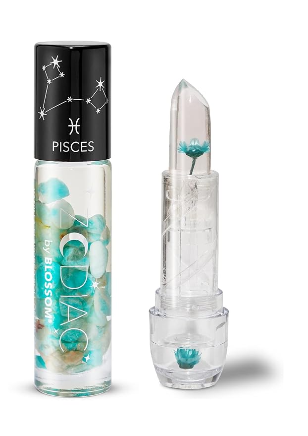 Blossom Zodiac Sign Vanilla Scented Moisturizing Roll-On Lip Gloss with Crystals + pH Technology Color Changing Crystal Strawberry Scented Lip Balm, 2 Pack Bundle, Pisces/Turquoise