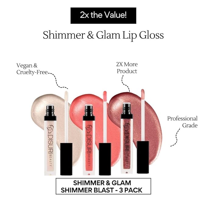 Pack of 3 Shimmer Lip Gloss for Girls & Women - Lip Glosses 2.1 FL Oz Total (0.7 FL Oz Each) - High Shine Lip Gloss - Cruelty Free - (Ice Queen, Rosé All Day, Champagne Kiss)