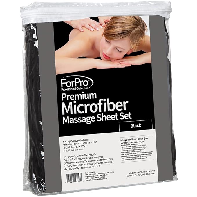ForPro Professional Collection Premium Microfiber 3-Piece Massage Sheet Set, Black, Ultra-Light, Stain, and Wrinkle-Resistant Includes Massage Flat and Fitted Sheet and Massage Face Rest Cover