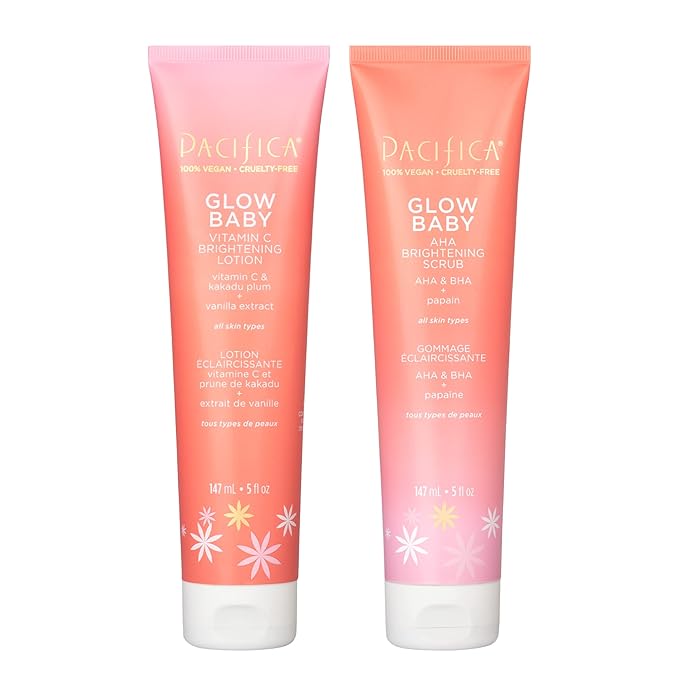 Pacifica Glow Baby Body Lotion & AHA Scrub Set – Brightening Vitamin C Body Lotion (5 oz) + AHA Exfoliating Body Scrub, 2-Step Radiance Duo for Smooth Glowing Skin, Vegan