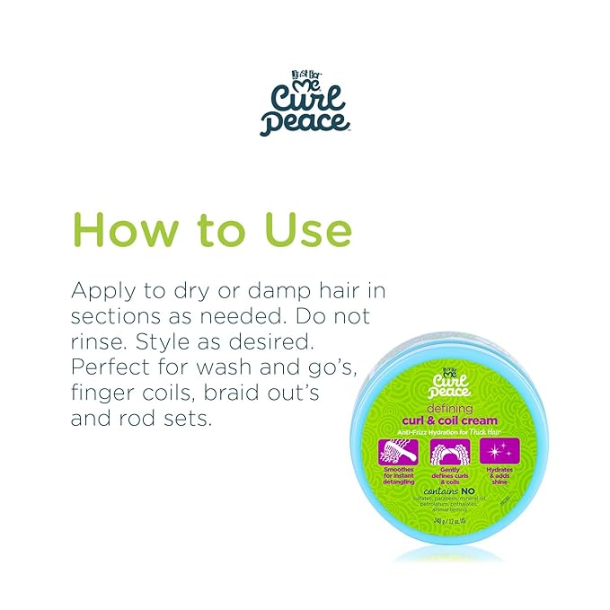 Just For Me Curl Peace Defining Curl & Coil Cream - Holds & Hydrates, Contains Flaxseed, Avocado Oil & Black Castor Oil, No Animal Testing, 12 oz