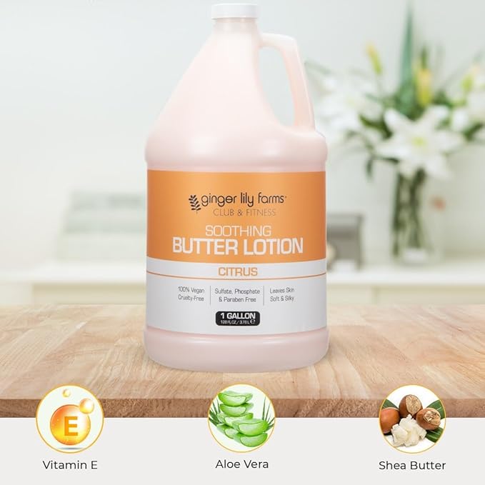 Ginger Lily Farms Club & Fitness Soothing Butter Lotion for Dry Skin, 100% Vegan & Cruelty-Free, Citrus Scent, 1 Gallon (128 fl oz) Refill