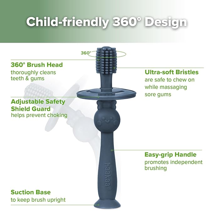 haakaa 360° Baby Toothbrush with Suction Base - Gentle Cleaning for Infant Self-Brushing Training, Food-Grade Silicone, Adjustable Safety Shield - Steel Blue (1 Piece)