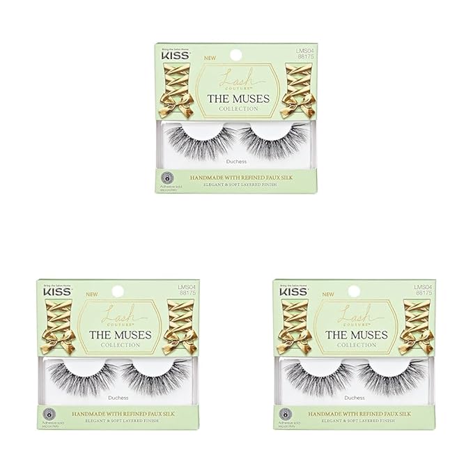 KISS Lash Couture The Muses Collection False Eyelashes, Duchess', 16 mm, Handmade, Refined Faux Silk, Contact Lens Friendly, Easy to Apply, Includes 1 Pair Reusable Strip Lashes (Pack of 3)