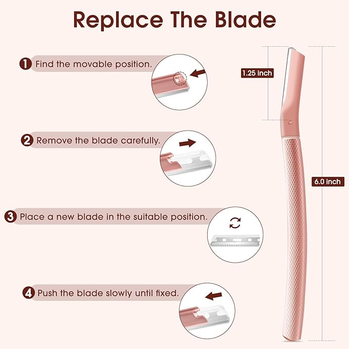 Dermaplane razor for women with 10 replaceable blades, dermaplaning tool for facial peach fuzz, eyebrows, exfoliation, and also suitable for shaving men beards, Rose Gold
