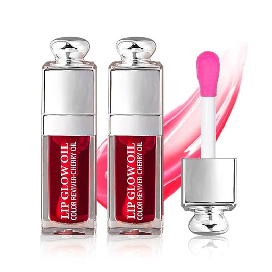 2PCS Hydrating Lip Glow Oil, Lip Oil Gloss Transparent Toot Tinted Nourishing Long Lasting Repairing Lightening Lip Lines (CHERRY) 0.2 OZ